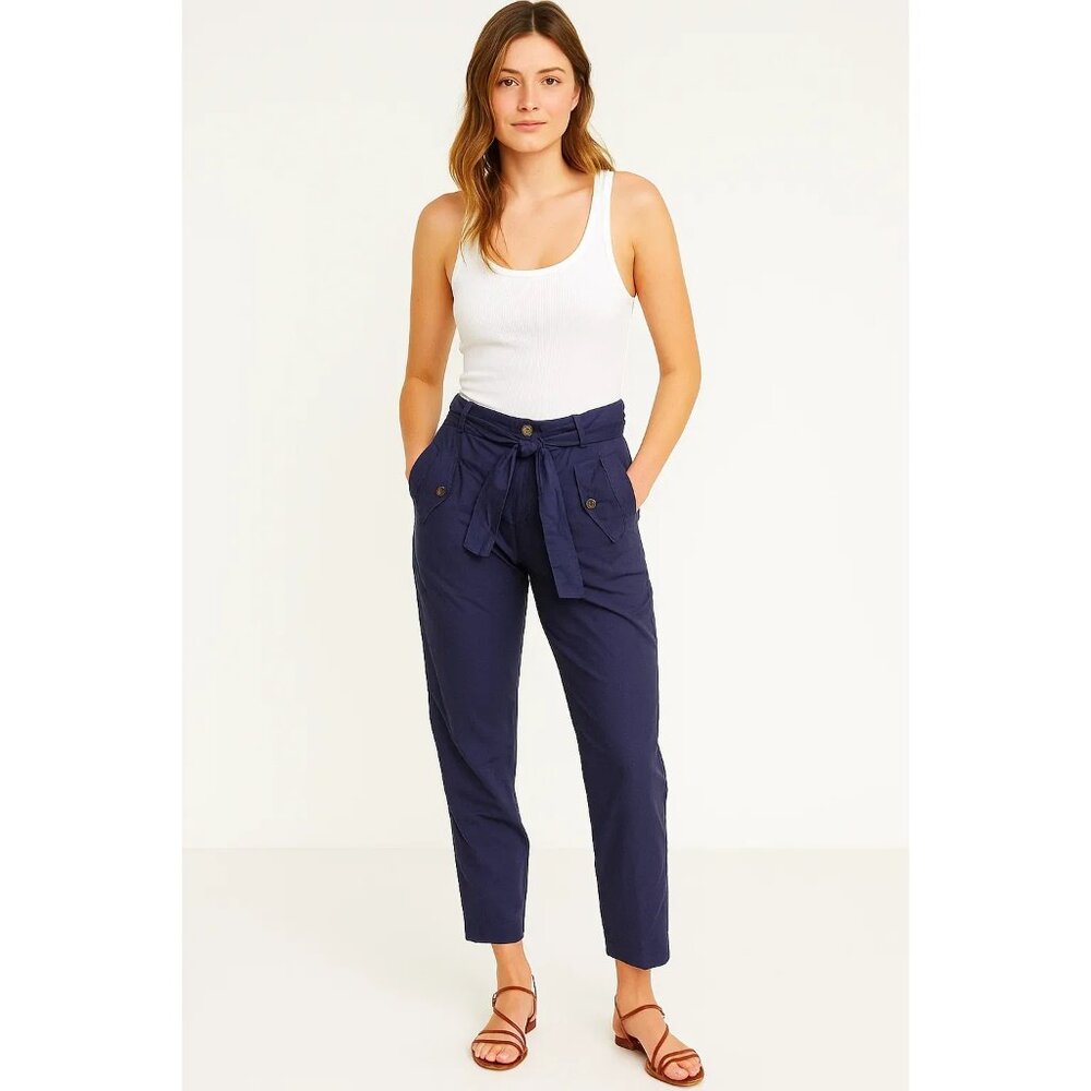 Stile Benetton Blue Paper Bag Waist Capris Pants Pockets Belt NWT EU 42 / US 6